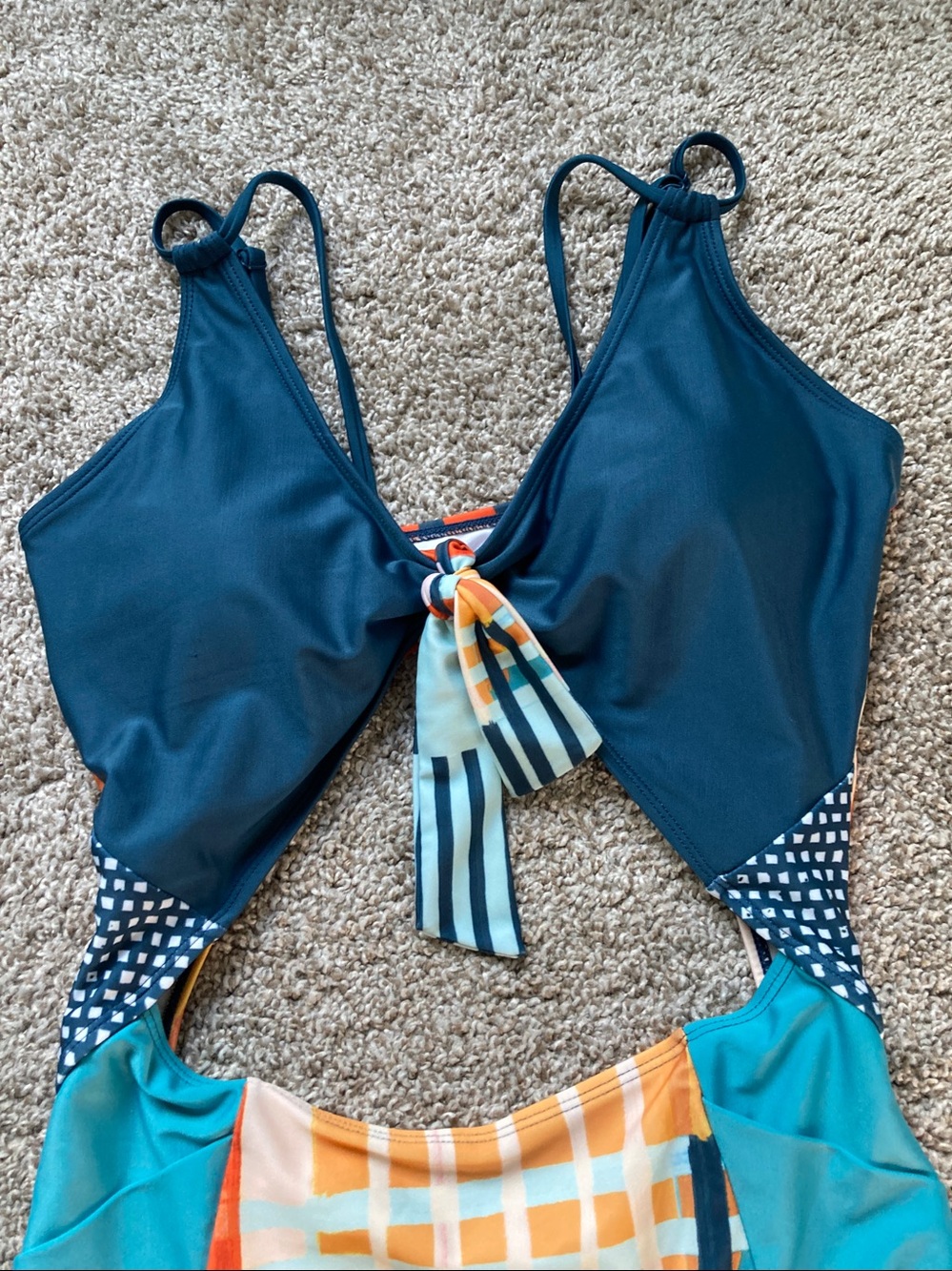 Nani Ray High Tide One Piece Swimsuit POCKETS Cut out Tie front Patchwork sz L - Picture 5 of 11